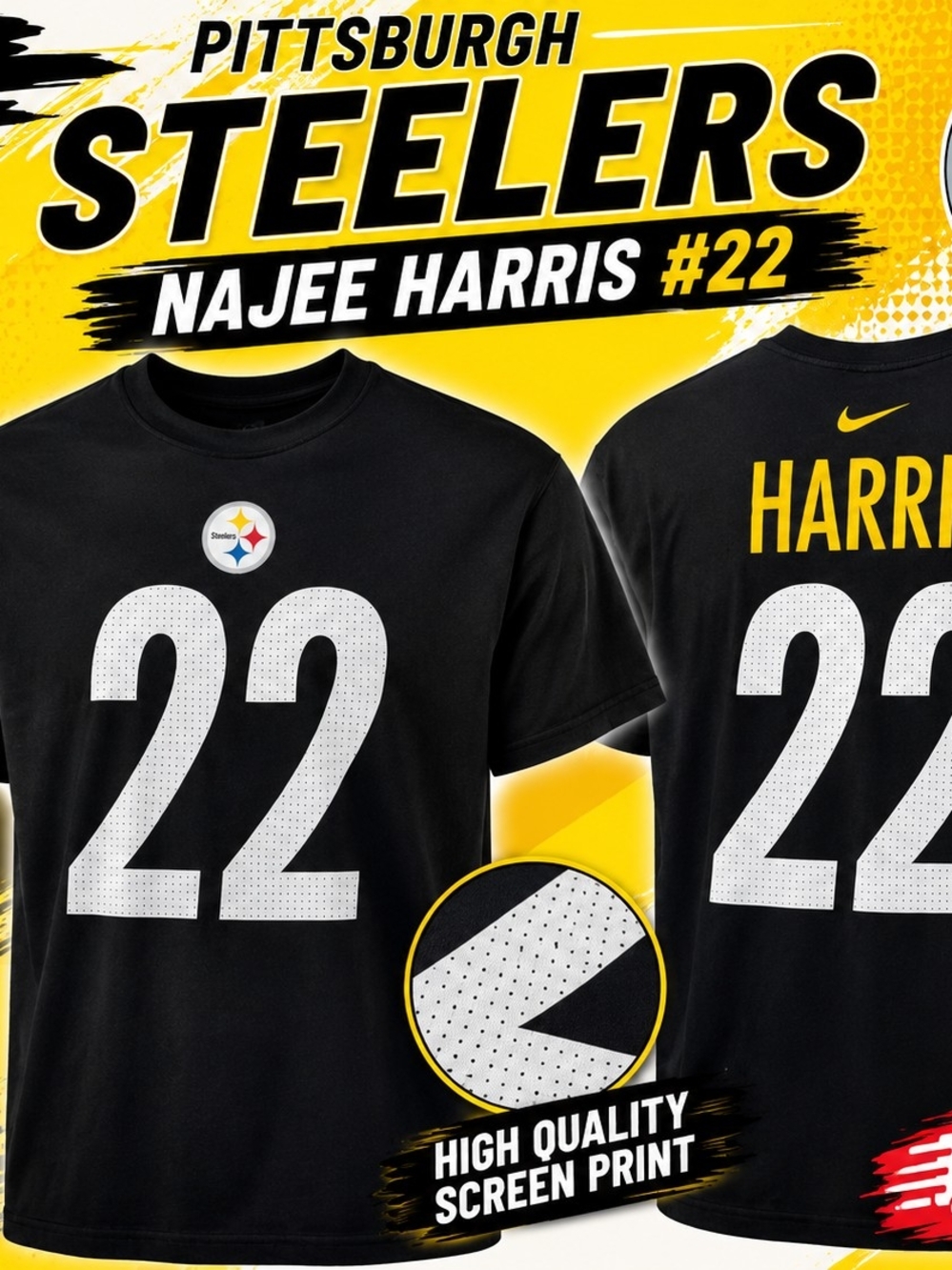 Nike Pittsburgh Steelers Najee Harris #22 T-Shirt Men's XXL Black NFL Football T